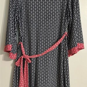 Studio One Blue and White Geometric Dress with Pink Accents